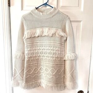 BB Dakota Knit Sweater Dress Fringe Bell Sleeve Mock Neck Cream Small